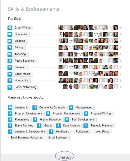 Underneath your Skills & Endorsements, select Add Skill. Make sure to select "Yes" and click all the boxes so that other LinkedIn users can endorse you. You can also remove endorsements for skills you don't want to emphasize or ones that are no longer relevant.